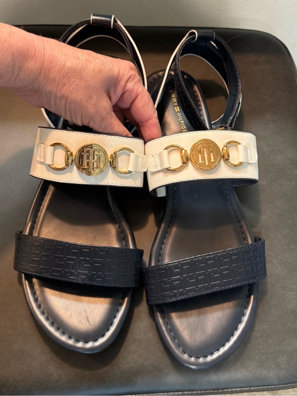 Tommy Hilfiger Navy and White Logo Buckle Slingback Sandals